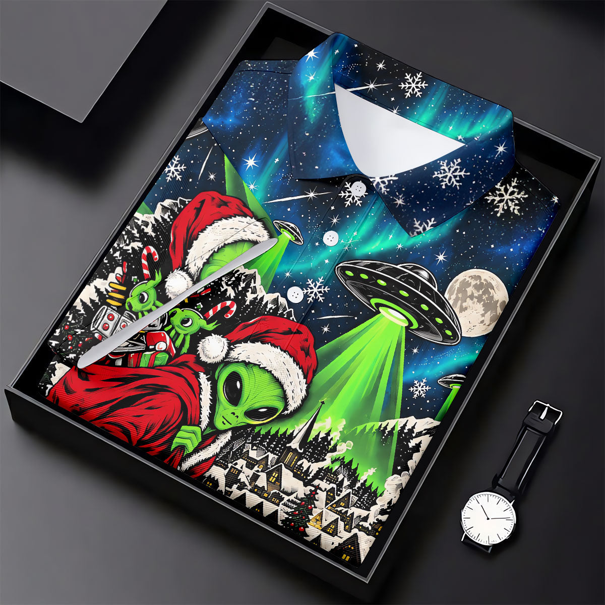 Alien Santa UFO Aurora Christmas Golf Shirt, Mens Golf Polo, Mens Holiday Golf Shirts