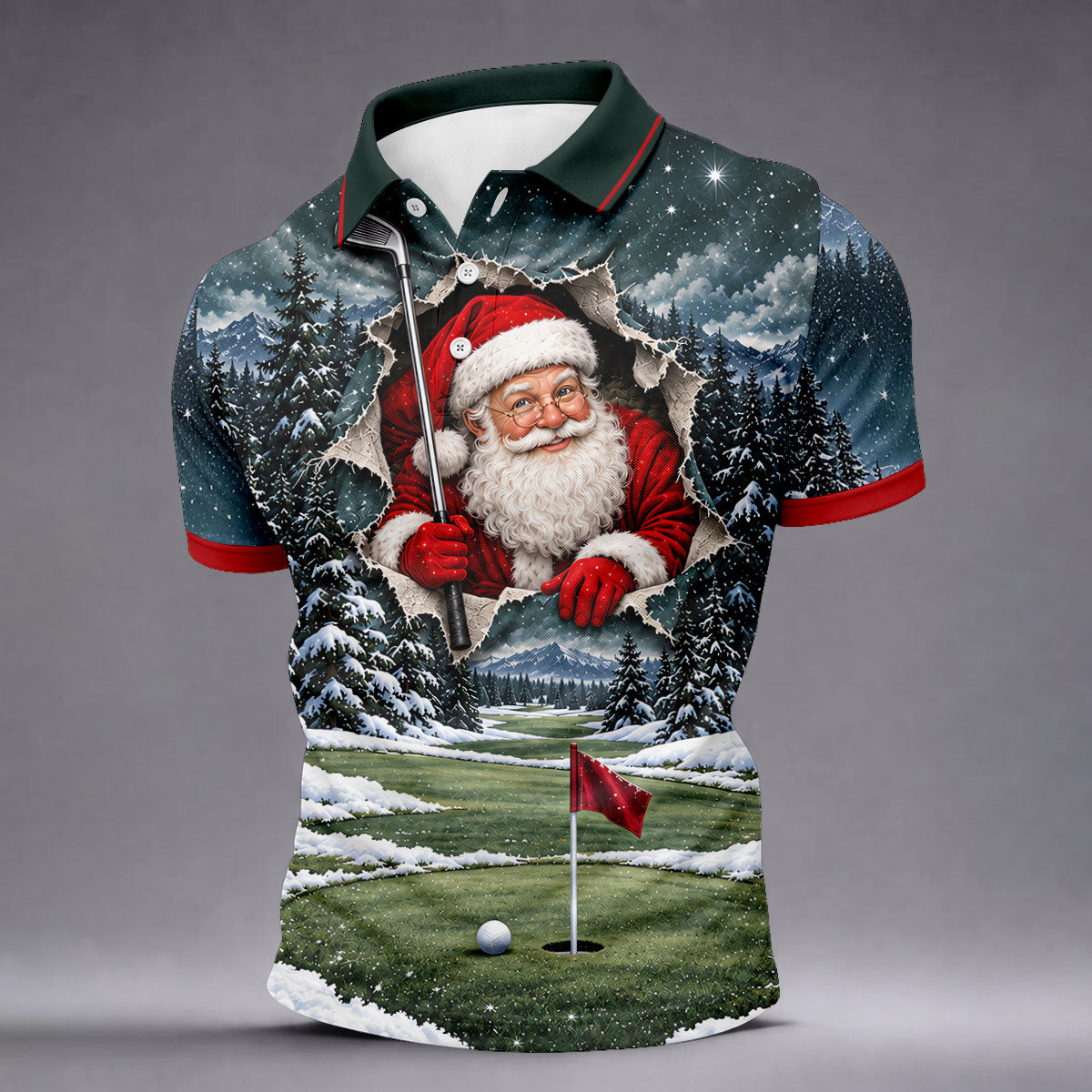 Santa Peeking Golf Green Christmas Golf Shirt, Golf Polo For Men, Mens Golf Polo