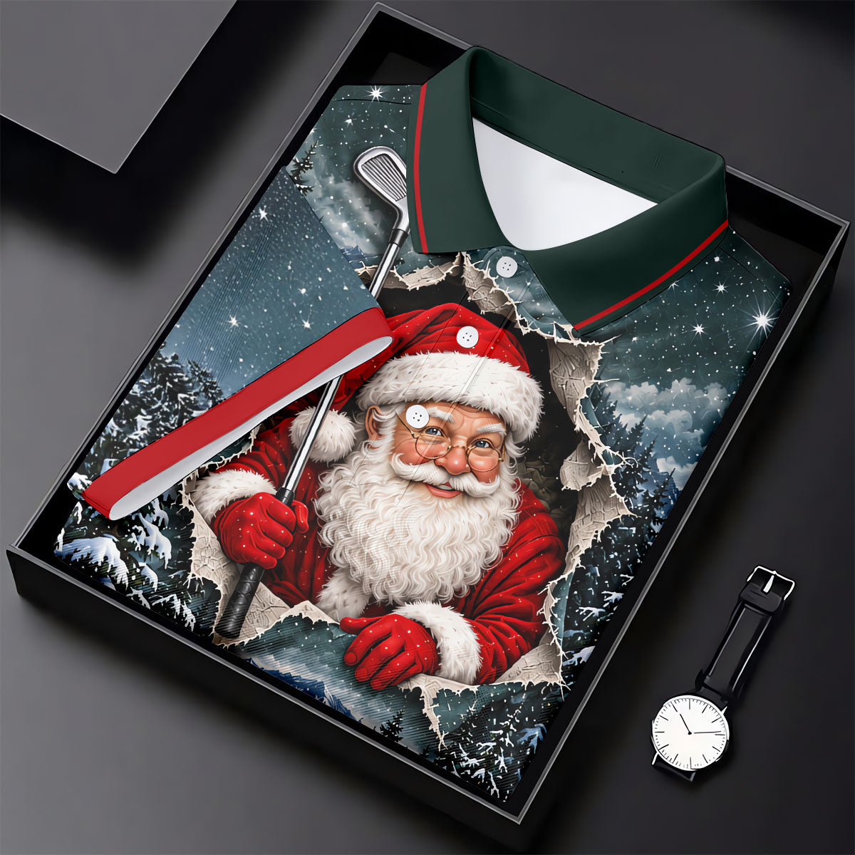 Santa Peeking Golf Green Christmas Golf Shirt, Golf Polo For Men, Mens Golf Polo