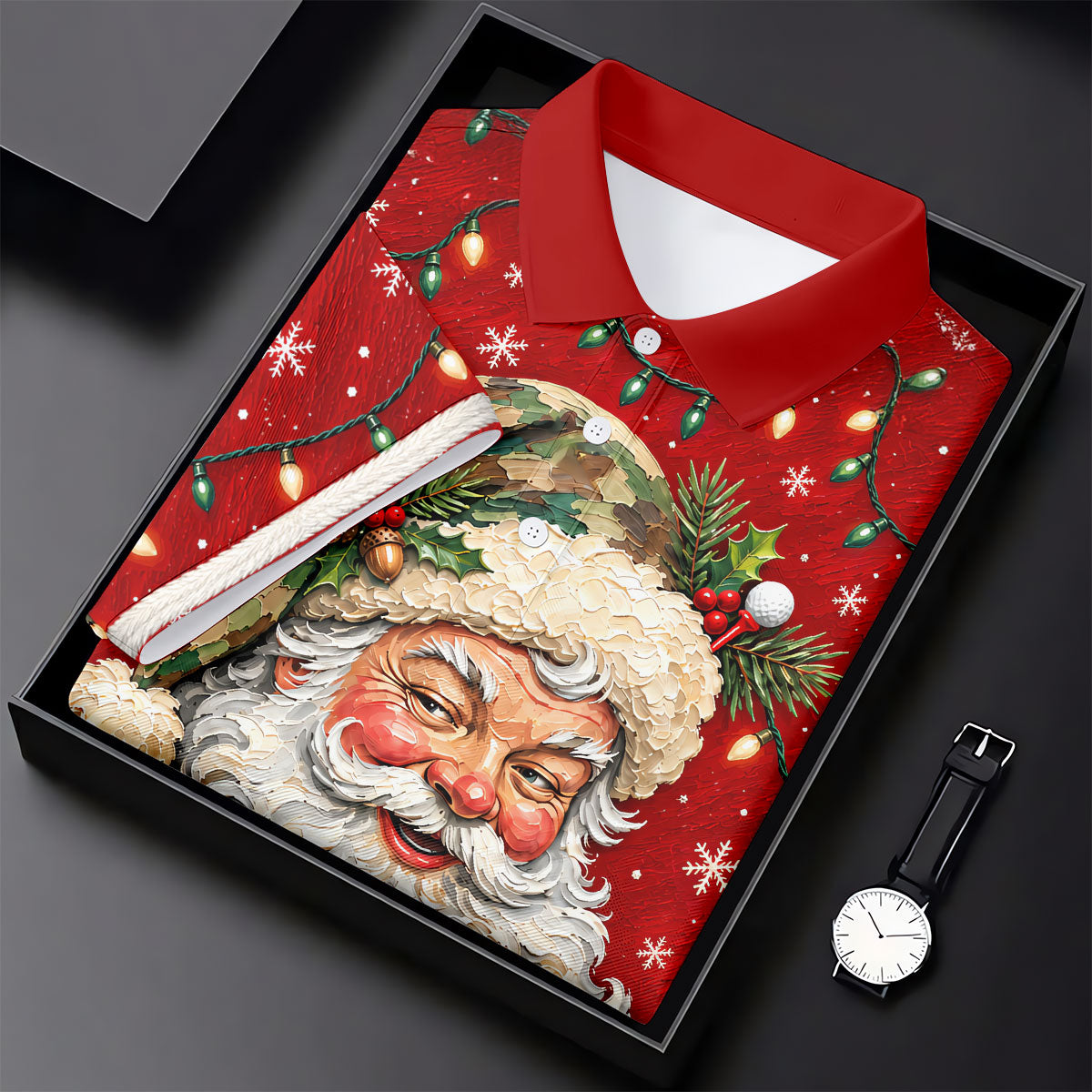 Camo Hat Santa Face Christmas Golf Shirt, Mens Holiday Golf Shirts, Mens Golf Apparel