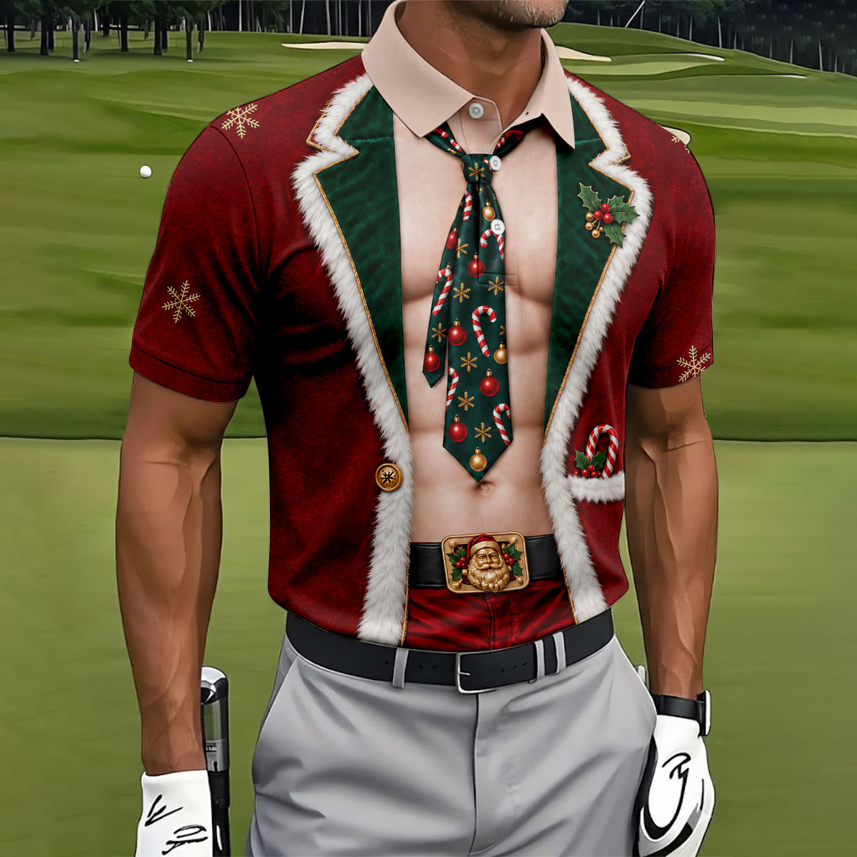 Santa Suit Tie Six Pack Christmas Golf Shirt, Golf Shirts For Men, Mens Golf Shirts