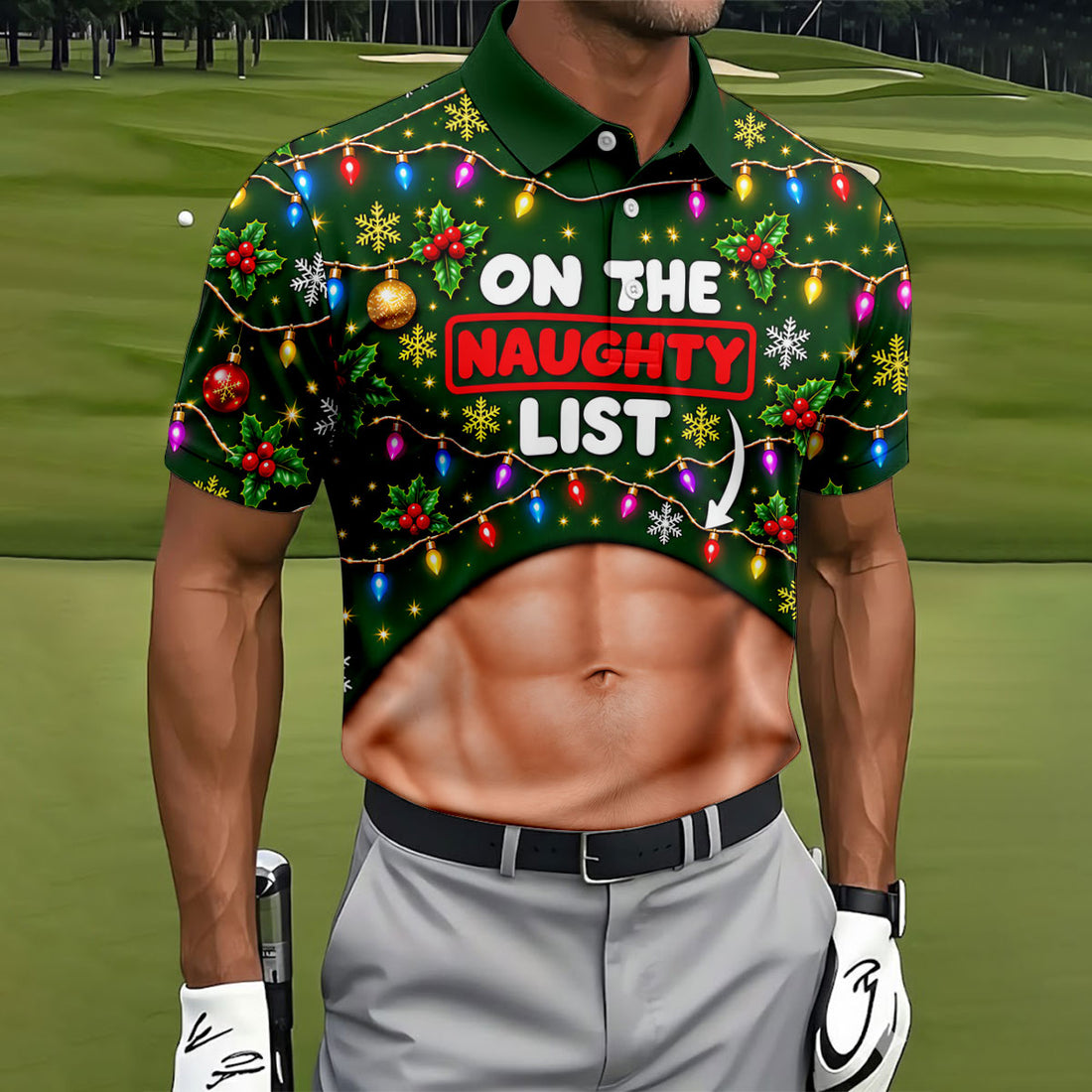 On The Naughty List Abs Christmas Golf Shirt, Mens Golf Apparel, Mens Golf Clothing