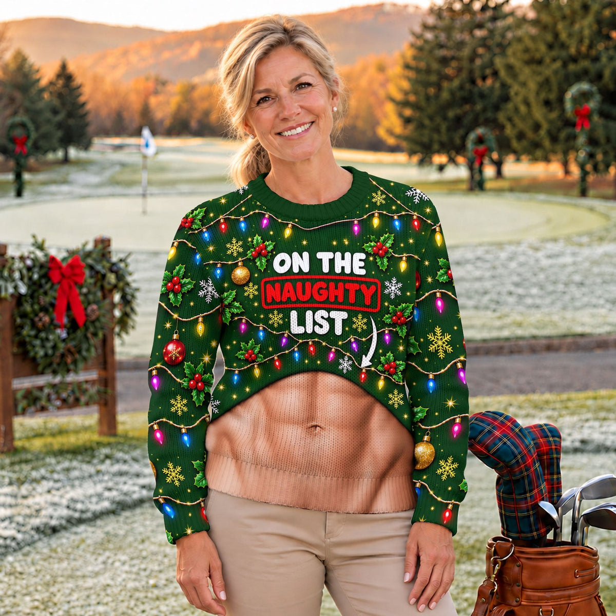 On The Naughty List Abs Ugly Christmas Sweater, Golf Lover Gifts, Funny Xmas Gift