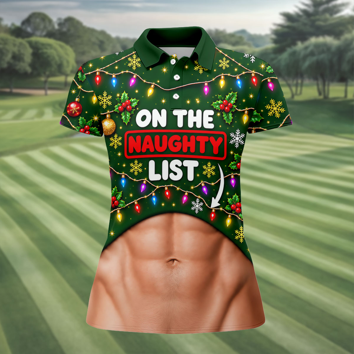 On The Naughty List Abs Christmas Golf Shirt, Ladies Golf Tops, Golf Shirts For Women