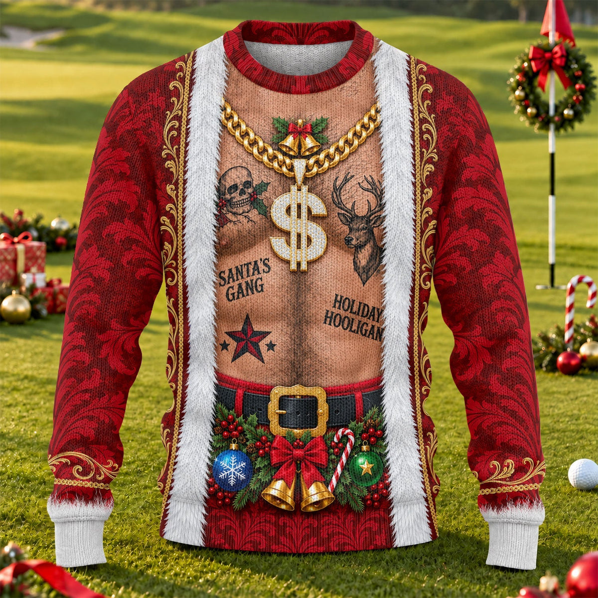 Santa's Gang Hairy Chest Ugly Christmas Sweater, Ugly Sweater Party, Golf Lover Gifts