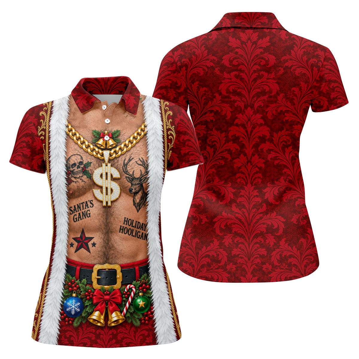 Santa's Gang Hairy Chest Christmas Golf Shirt, Womens Golf Tops, Ladies Golf Apparel