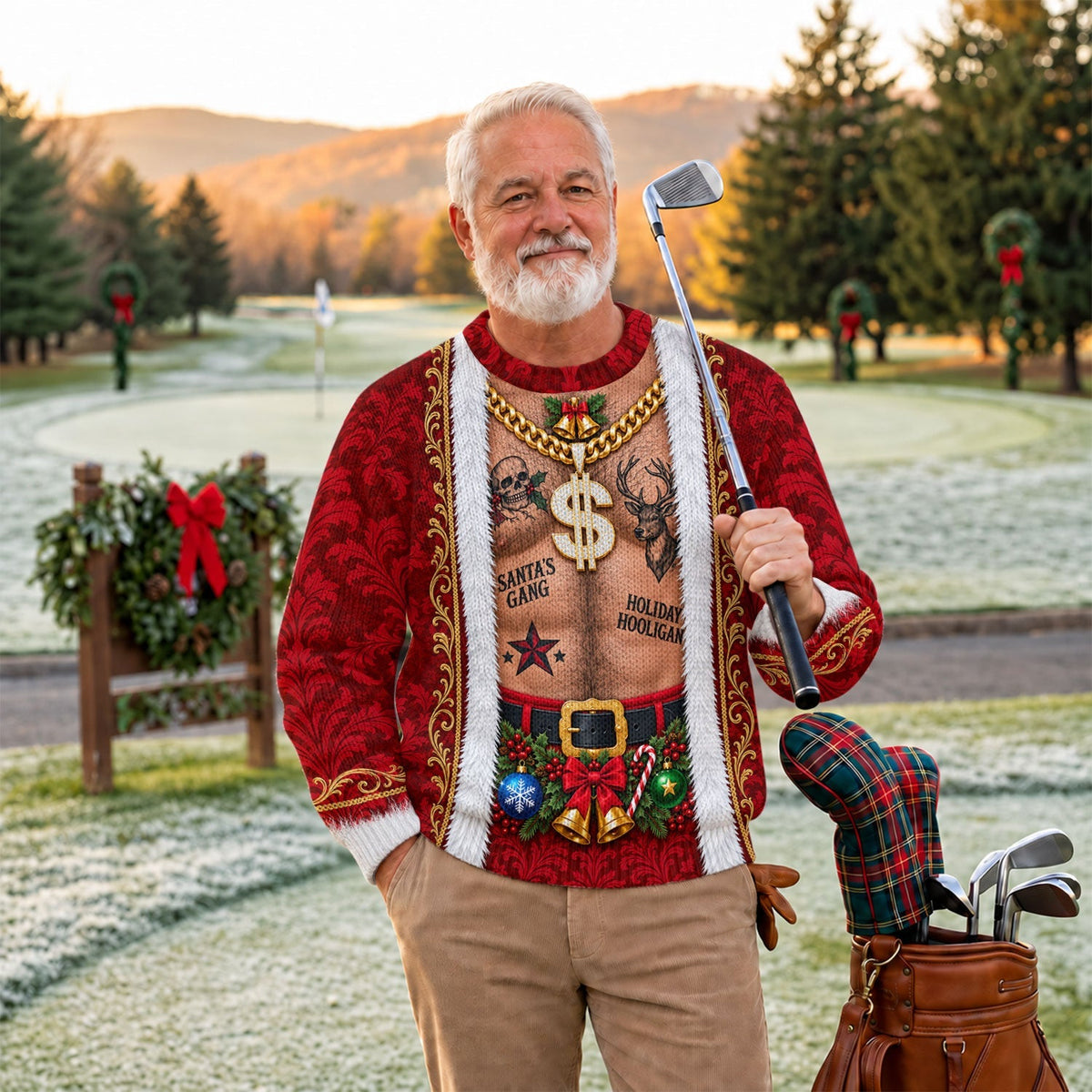 Santa's Gang Hairy Chest Ugly Christmas Sweater, Ugly Sweater Party, Golf Lover Gifts