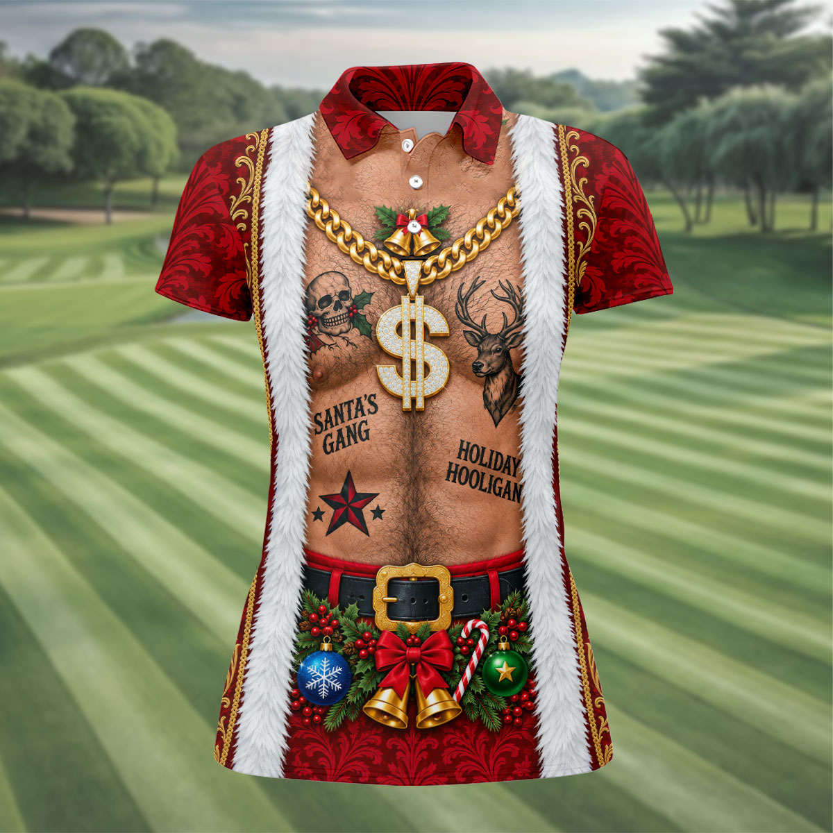 Santa's Gang Hairy Chest Christmas Golf Shirt, Womens Golf Tops, Ladies Golf Apparel
