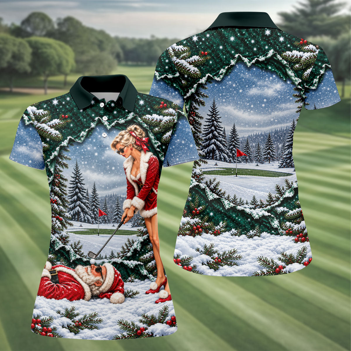 Pin Up Santa Girl Golfer Christmas Golf Shirt, Ladies Golf Apparel, Ladies Golf Tops