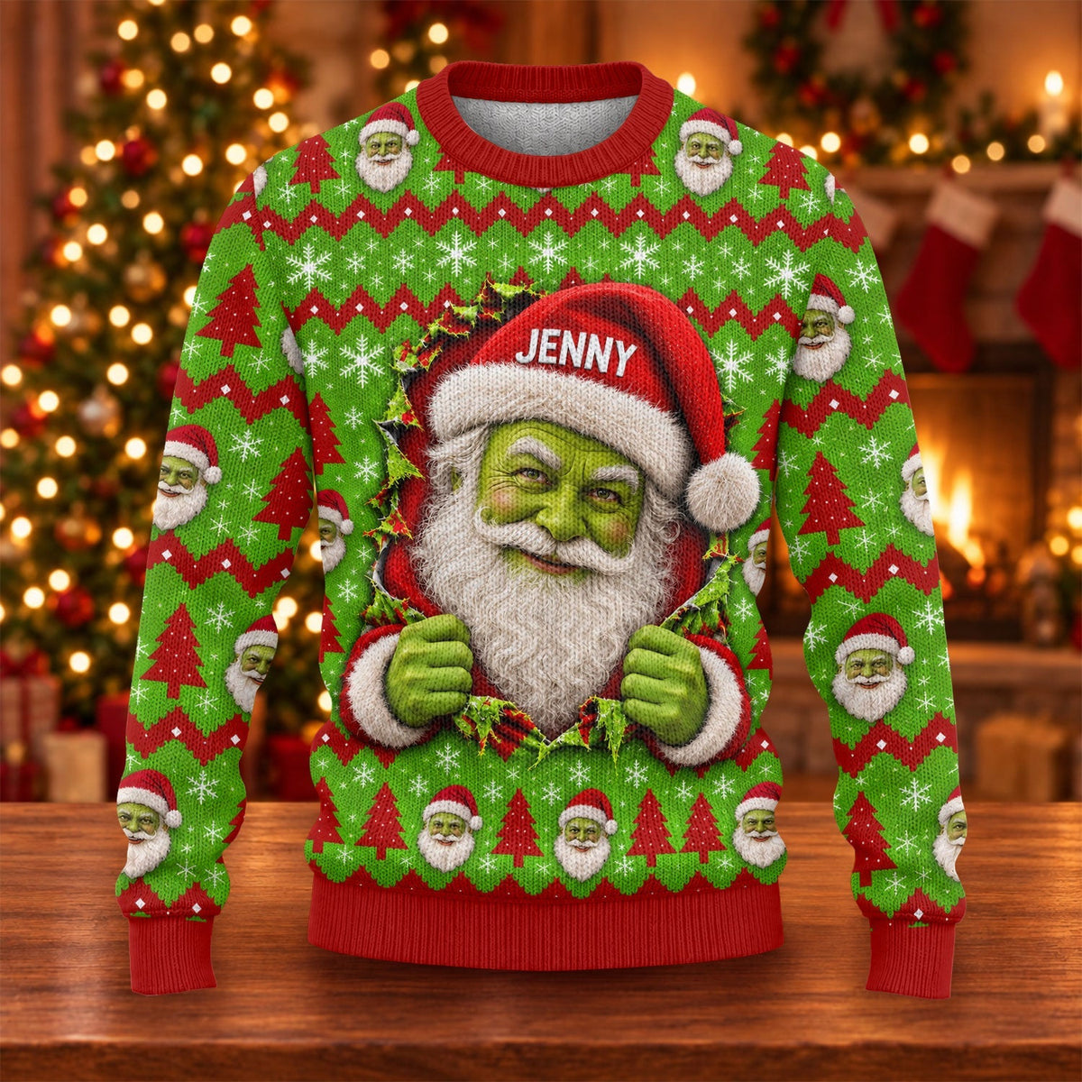 Custom Name Green Santa Ugly Christmas Sweater, Funny Xmas Gift, Christmas Gifts