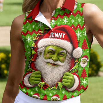 Custom Name Green Santa Christmas Golf Shirt, Ladies Golf Shirts, Womens Golf Apparel