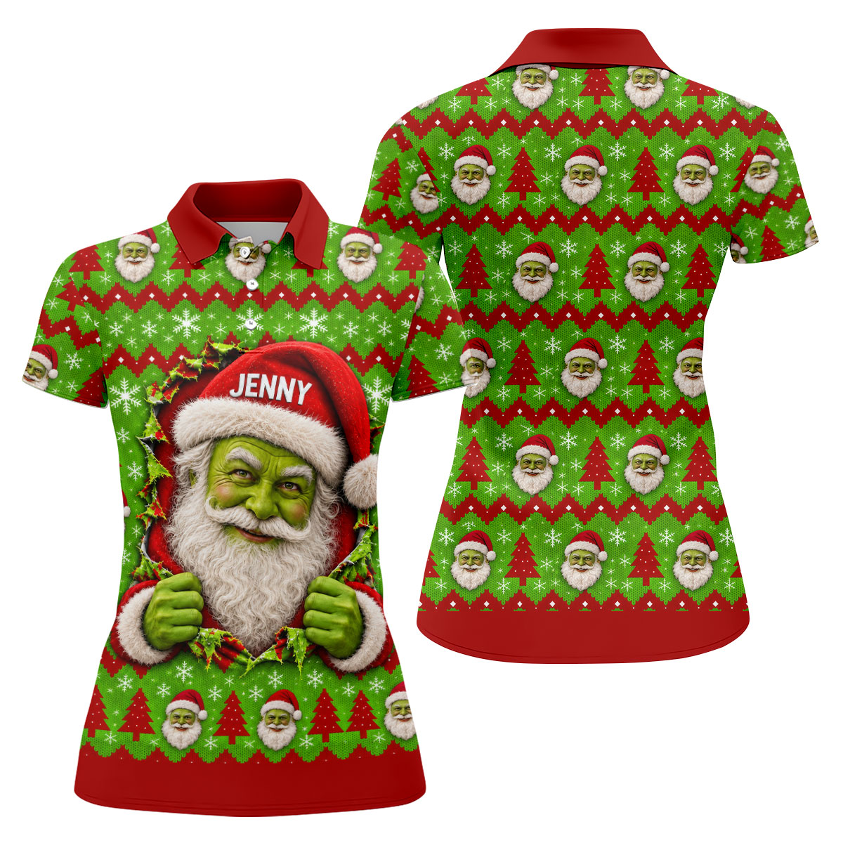 Custom Name Green Santa Christmas Golf Shirt, Ladies Golf Shirts, Womens Golf Apparel