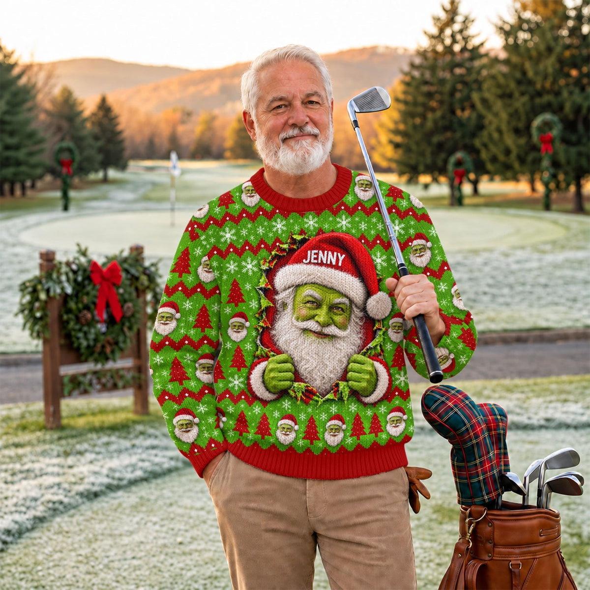 Custom Name Green Santa Ugly Christmas Sweater, Funny Xmas Gift, Christmas Gifts