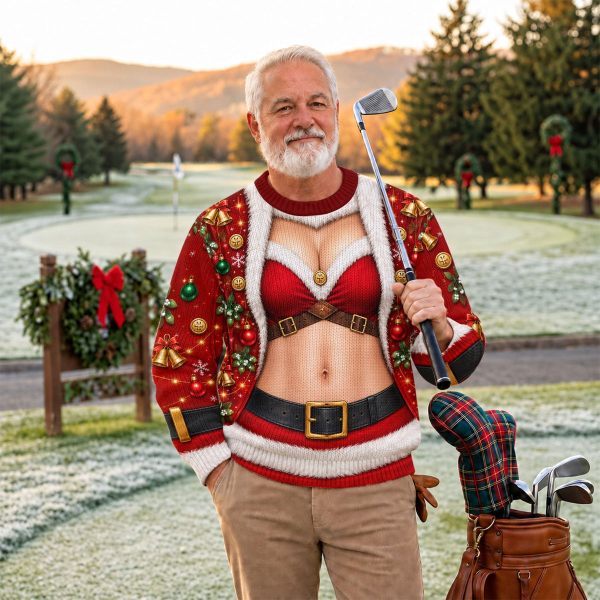 Santa Bikini Abs Vest Ugly Christmas Sweater, Golf Lover Gifts, Funny Holiday Sweater