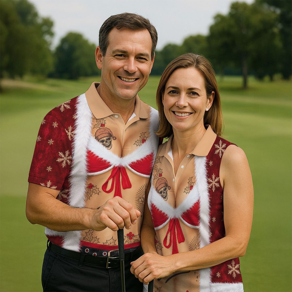 Merry Bikini Tattoo Santa Christmas Golf Shirt, Mens Golf Shirts, Mens Golf Apparel