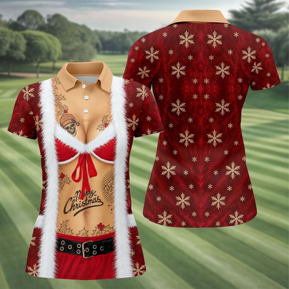 Merry Bikini Tattoo Santa Christmas Golf Shirt, Womens Golf Apparel, Ladies Golf Tops