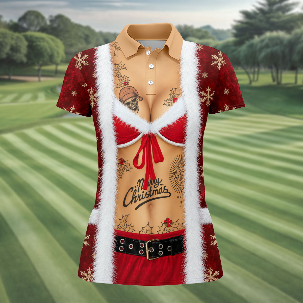 Merry Bikini Tattoo Santa Christmas Golf Shirt, Womens Golf Apparel, Ladies Golf Tops