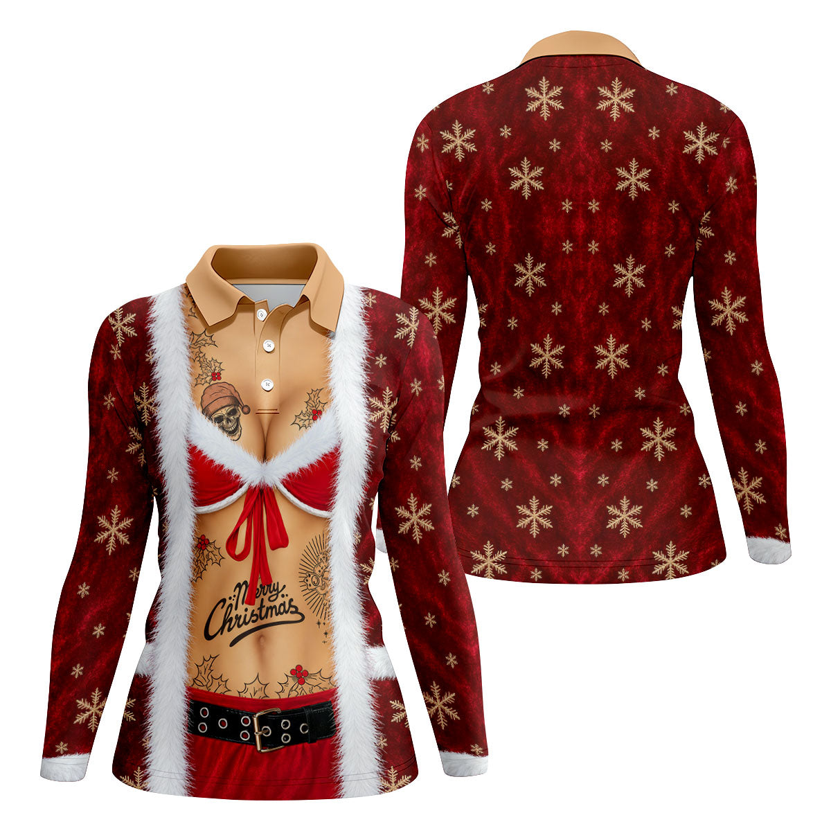 Merry Bikini Tattoo Santa Christmas Golf Shirt, Womens Golf Apparel, Ladies Golf Tops