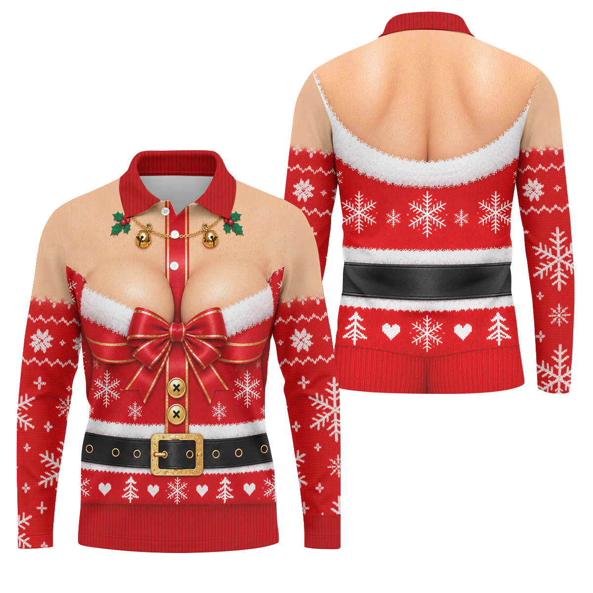 Busty Mrs Claus Red Bow Christmas Golf Shirt, Mens Golf Apparel, Golf Gifts For Men
