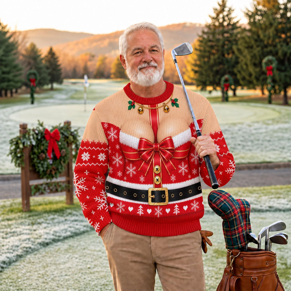 Busty Mrs Claus Red Bow Ugly Christmas Sweater, Ugly Sweater Party, Golf Lover Gifts