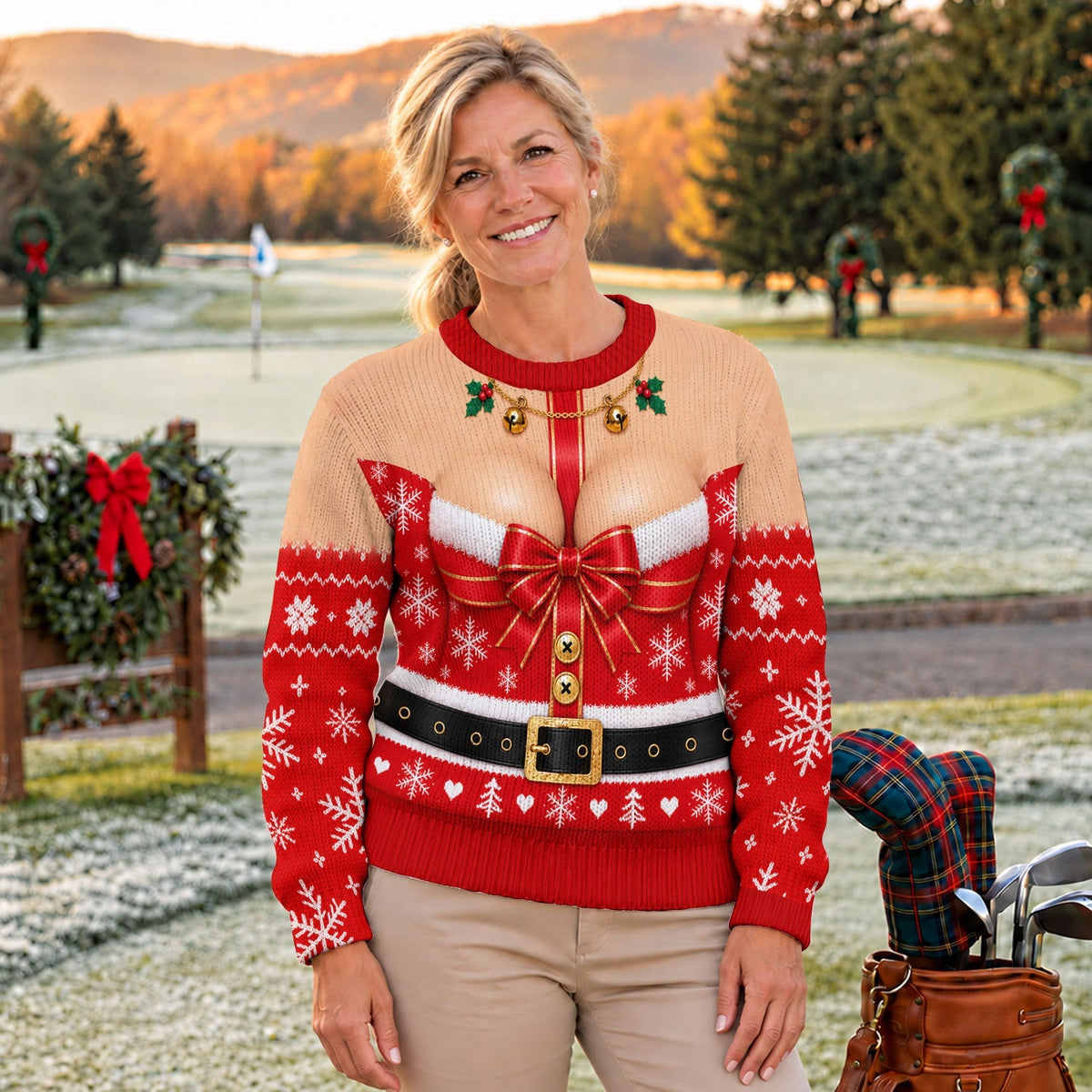 Busty Mrs Claus Red Bow Ugly Christmas Sweater, Ugly Sweater Party, Golf Lover Gifts