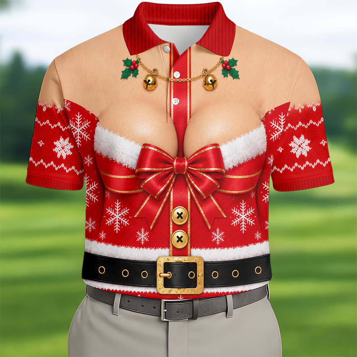 Busty Mrs Claus Red Bow Christmas Golf Shirt, Mens Golf Apparel, Golf Gifts For Men