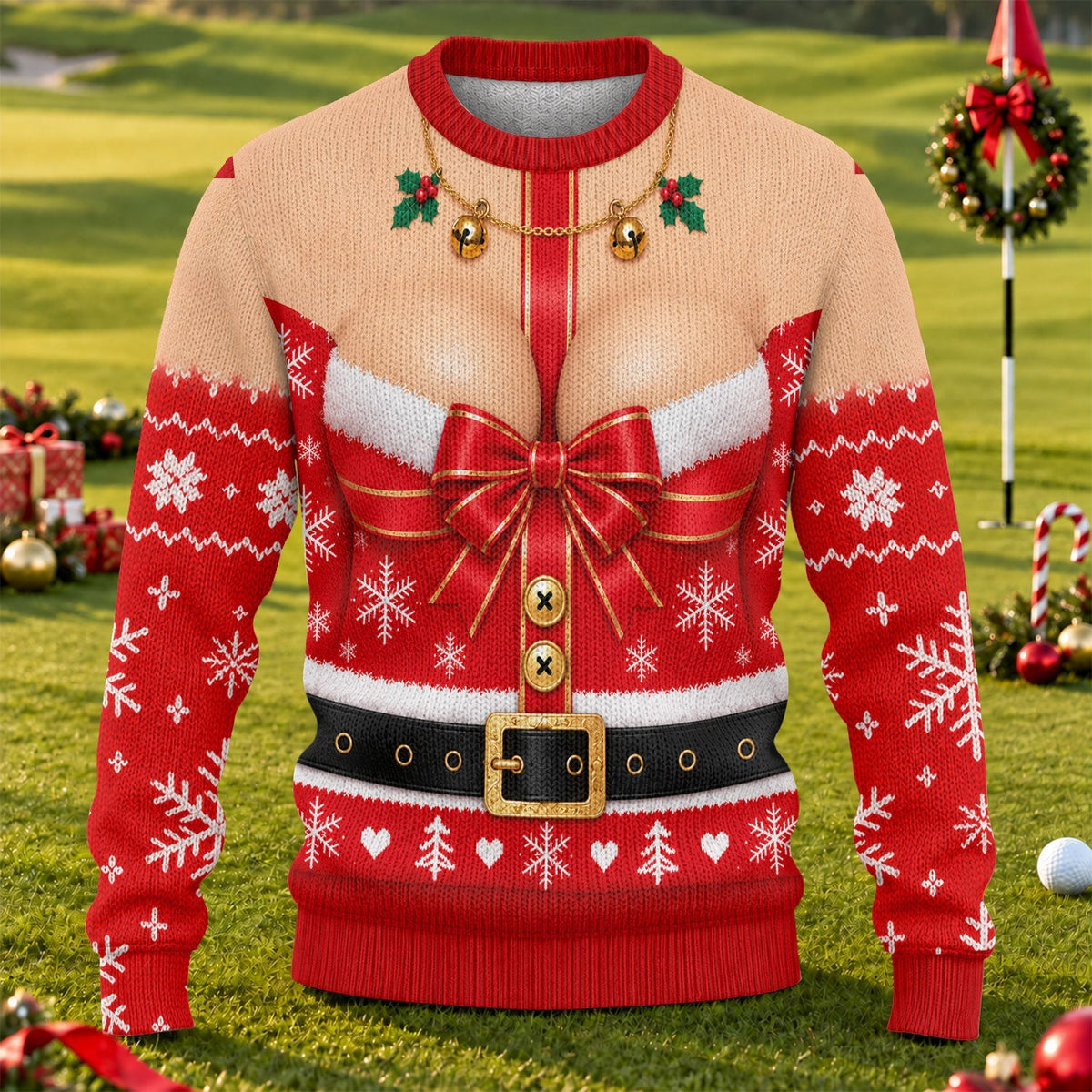 Busty Mrs Claus Red Bow Ugly Christmas Sweater, Ugly Sweater Party, Golf Lover Gifts