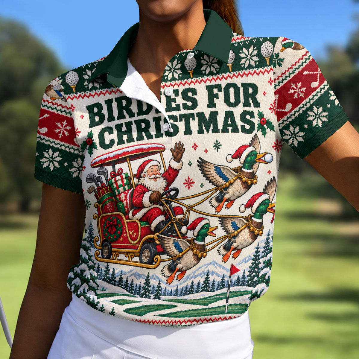 Birdies Santa Duck Sleigh Christmas Golf Shirt, Womens Golf Apparel, Ladies Golf Tops