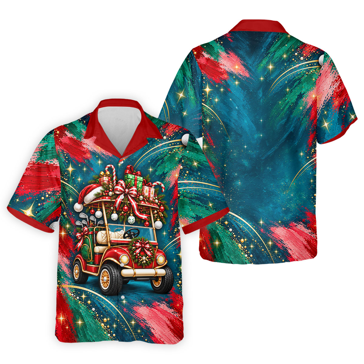 Santa Gift Golf Cart Christmas Golf Shirt, Mens Holiday Golf Shirts, Mens Golf Shirts