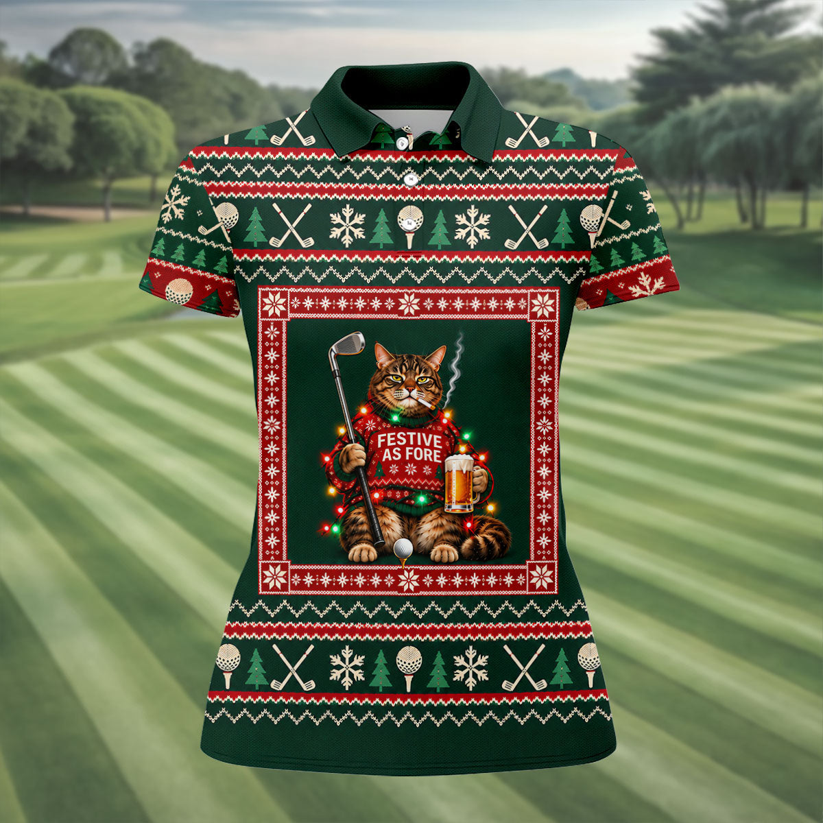Festive As Fore Cat Beer Christmas Golf Shirt, Ladies Golf Shirts, Womens Golf Shirts