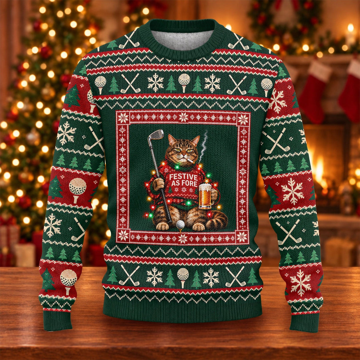 Festive As Fore Cat Beer Ugly Christmas Sweater, Funny Xmas Gift, Christmas Golf Gift