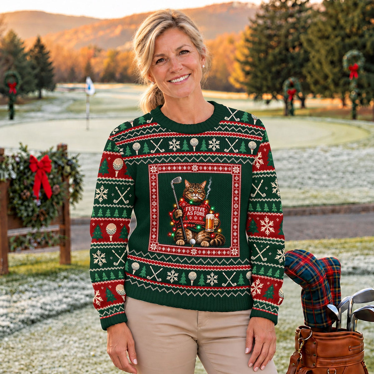 Festive As Fore Cat Beer Ugly Christmas Sweater, Funny Xmas Gift, Christmas Golf Gift