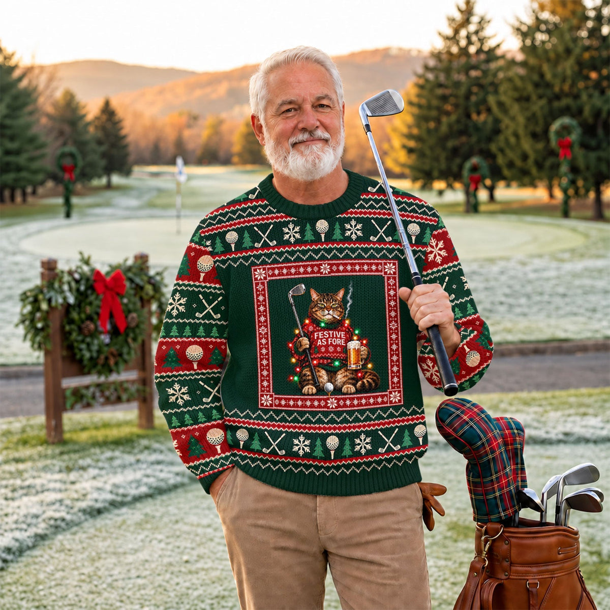 Festive As Fore Cat Beer Ugly Christmas Sweater, Funny Xmas Gift, Christmas Golf Gift