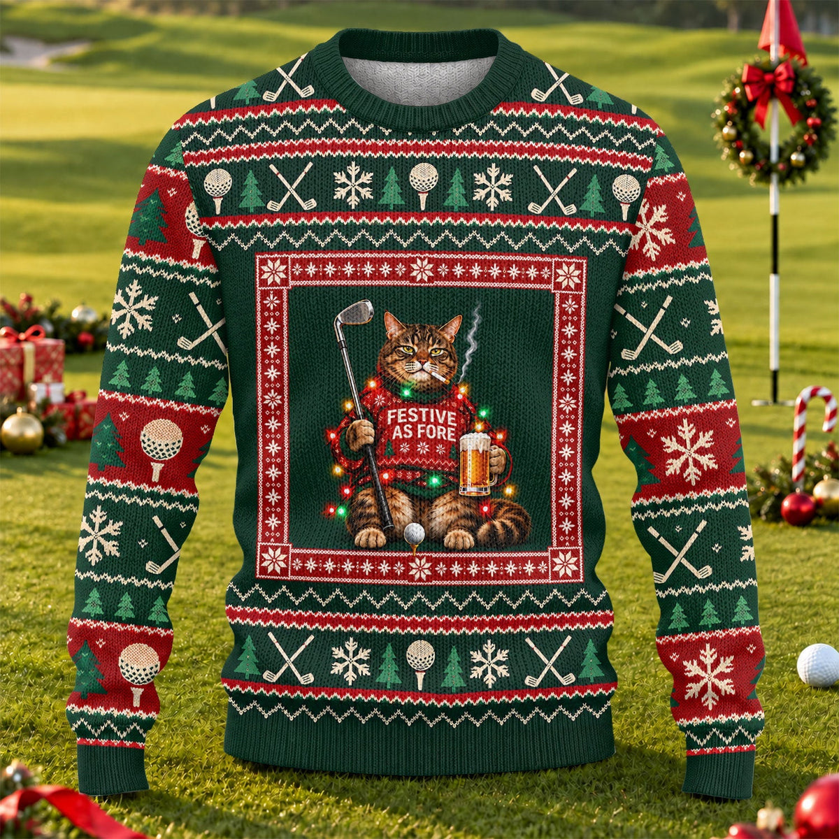 Festive As Fore Cat Beer Ugly Christmas Sweater, Funny Xmas Gift, Christmas Golf Gift