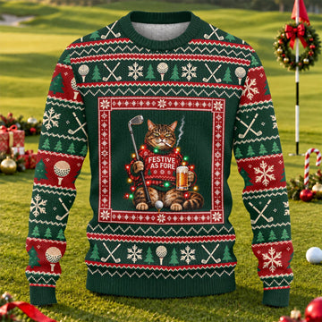 Festive As Fore Cat Beer Ugly Christmas Sweater, Funny Xmas Gift, Christmas Golf Gift