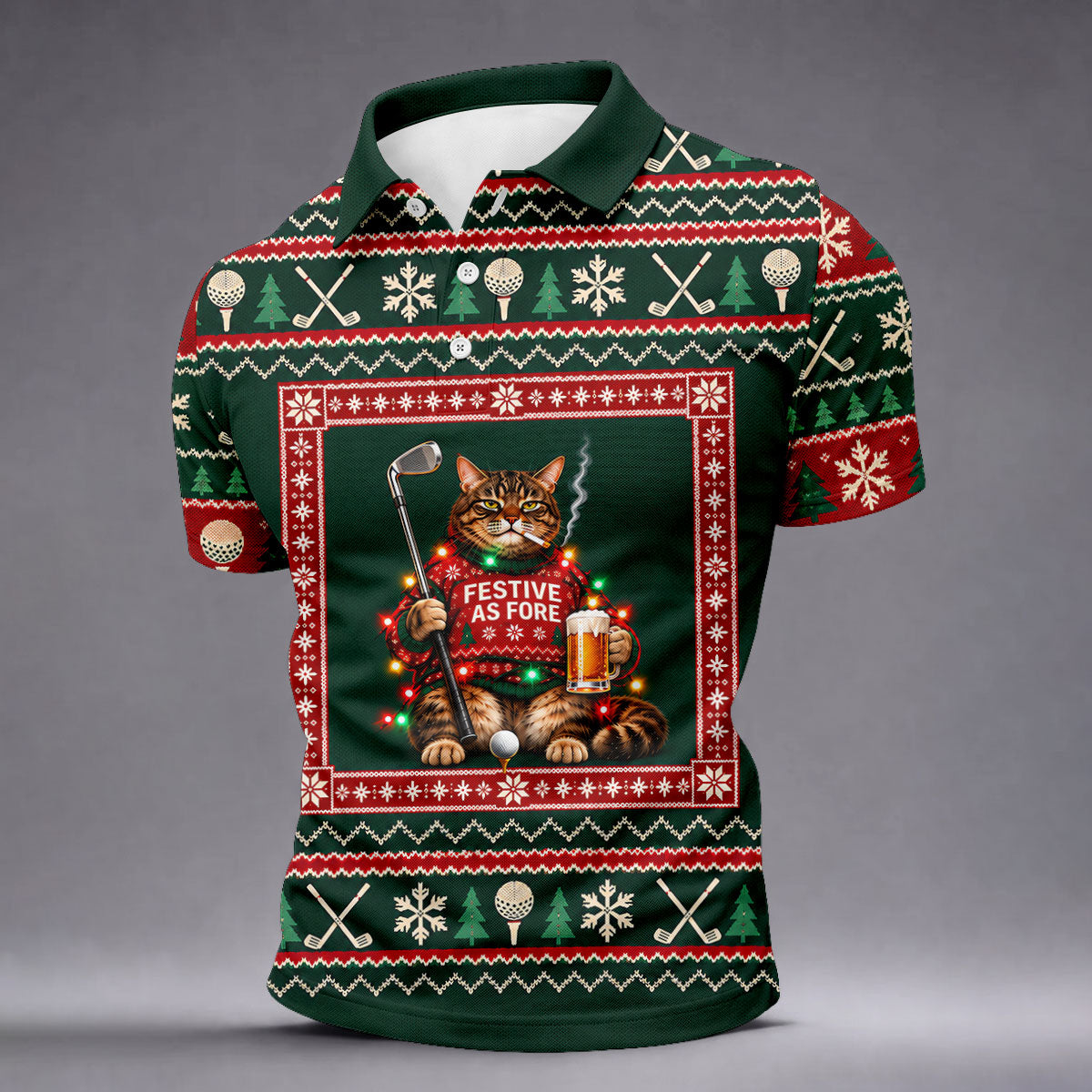 Festive As Fore Cat Beer Christmas Golf Shirt, Golf Gifts For Men, Mens Golf Clothing