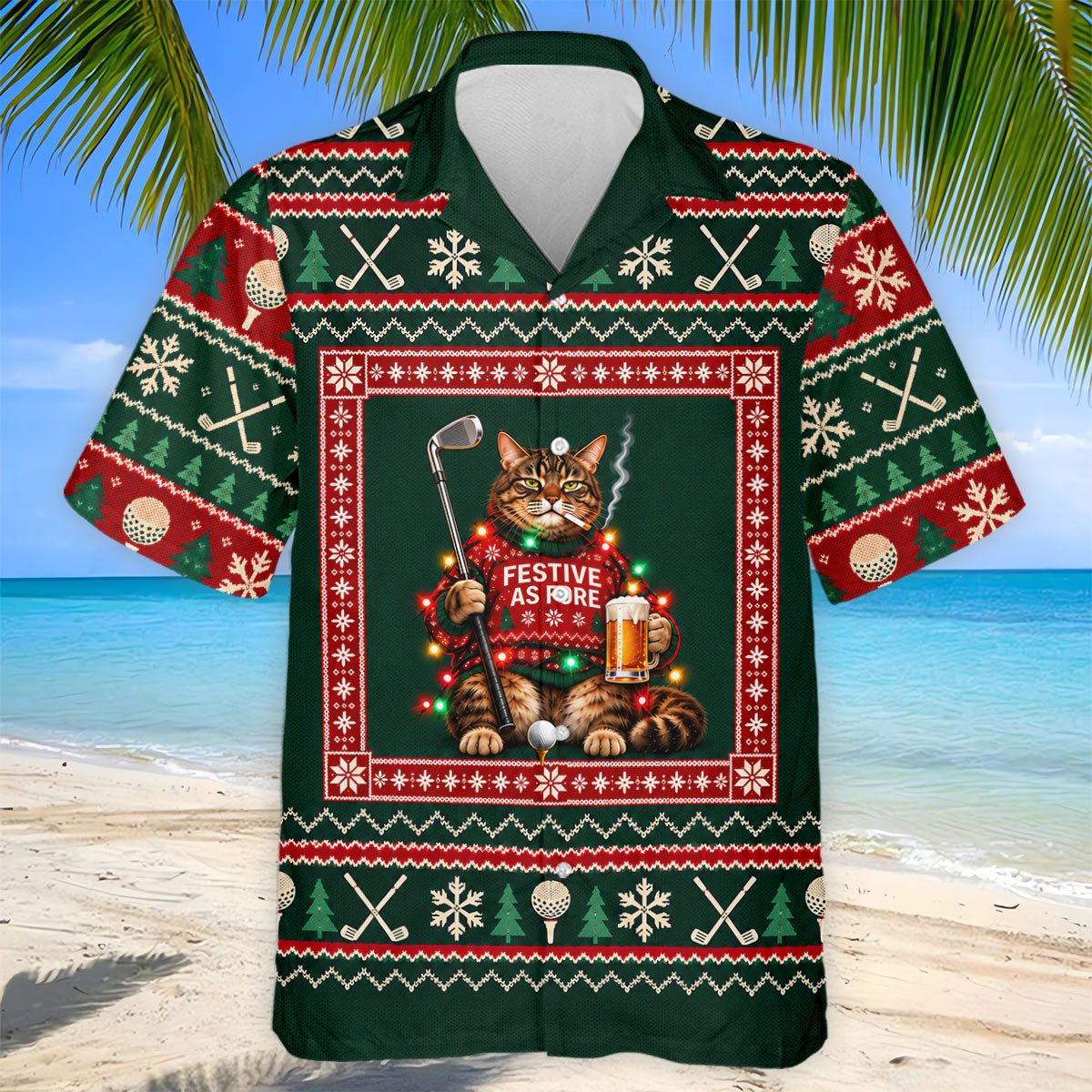 Festive As Fore Cat Beer Christmas Golf Shirt, Golf Gifts For Men, Mens Golf Clothing