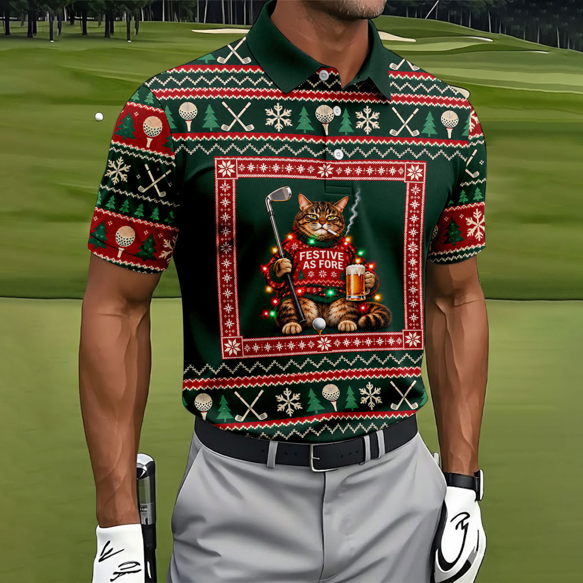 Festive As Fore Cat Beer Christmas Golf Shirt, Golf Gifts For Men, Mens Golf Clothing
