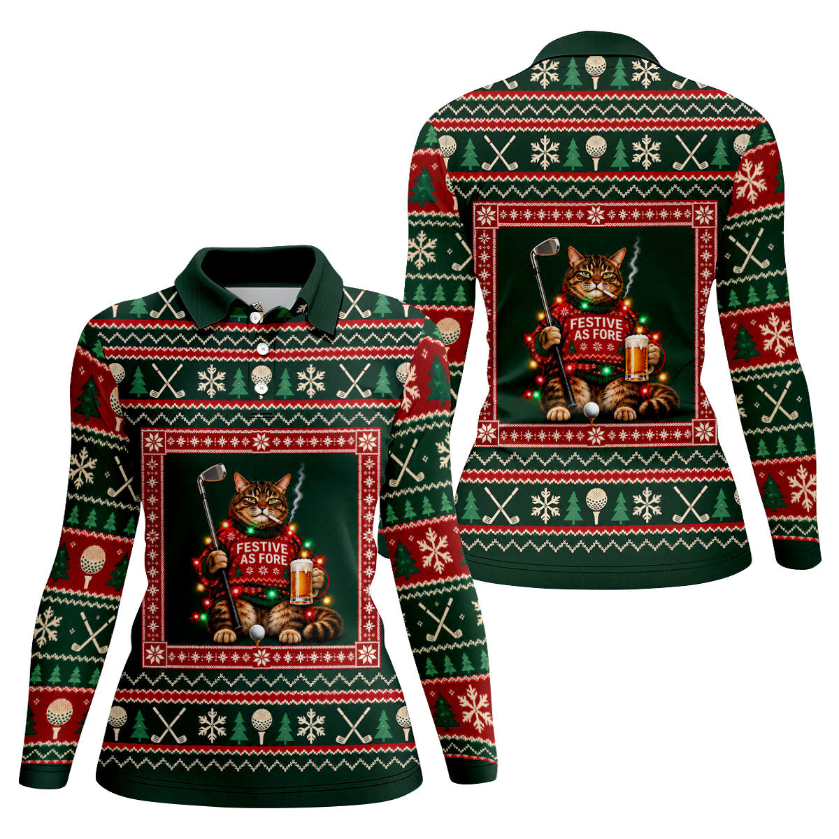 Festive As Fore Cat Beer Christmas Golf Shirt, Ladies Golf Shirts, Womens Golf Shirts