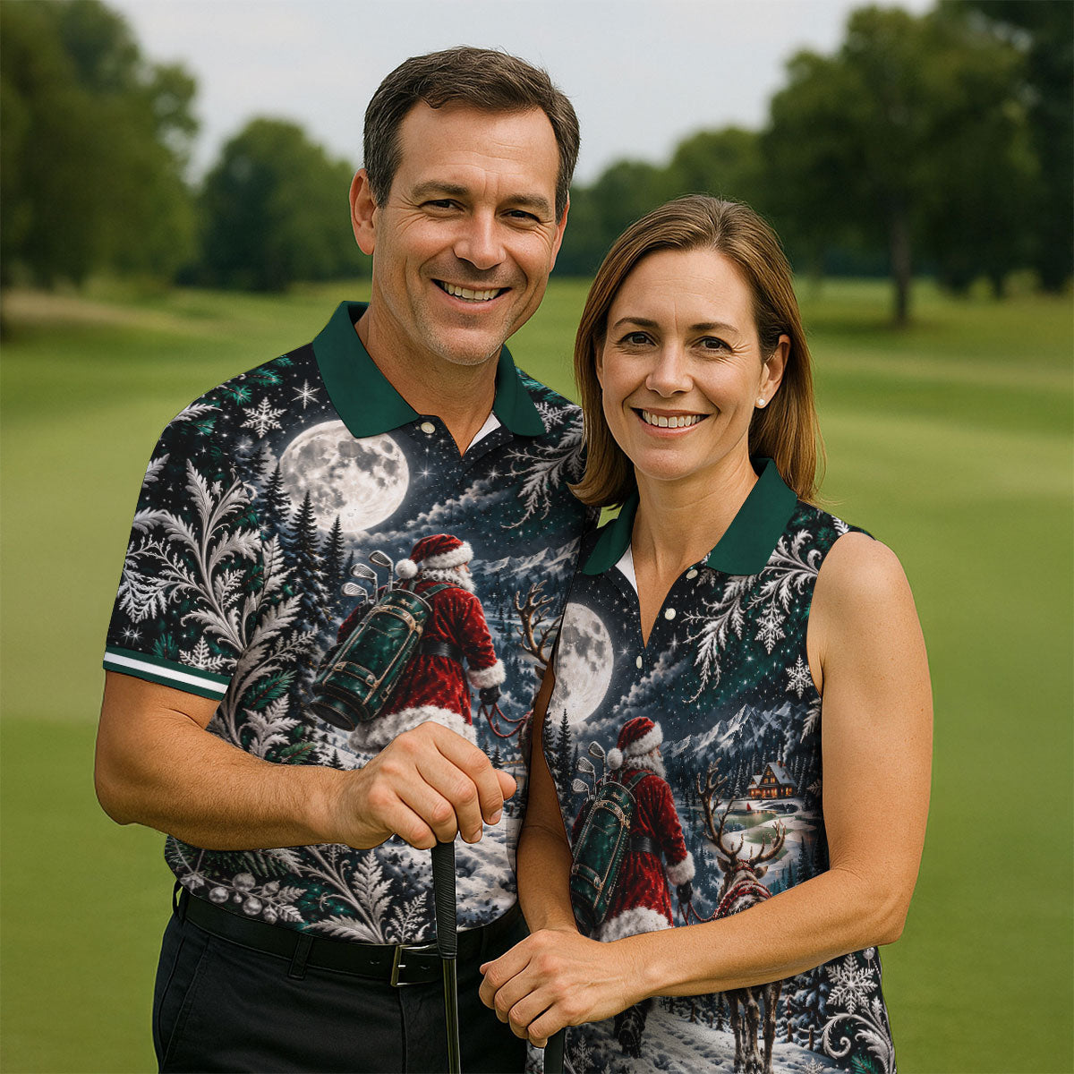 Moonlight Santa Reindeer Christmas Golf Shirt, Golf Shirts For Men, Golf Polo For Men