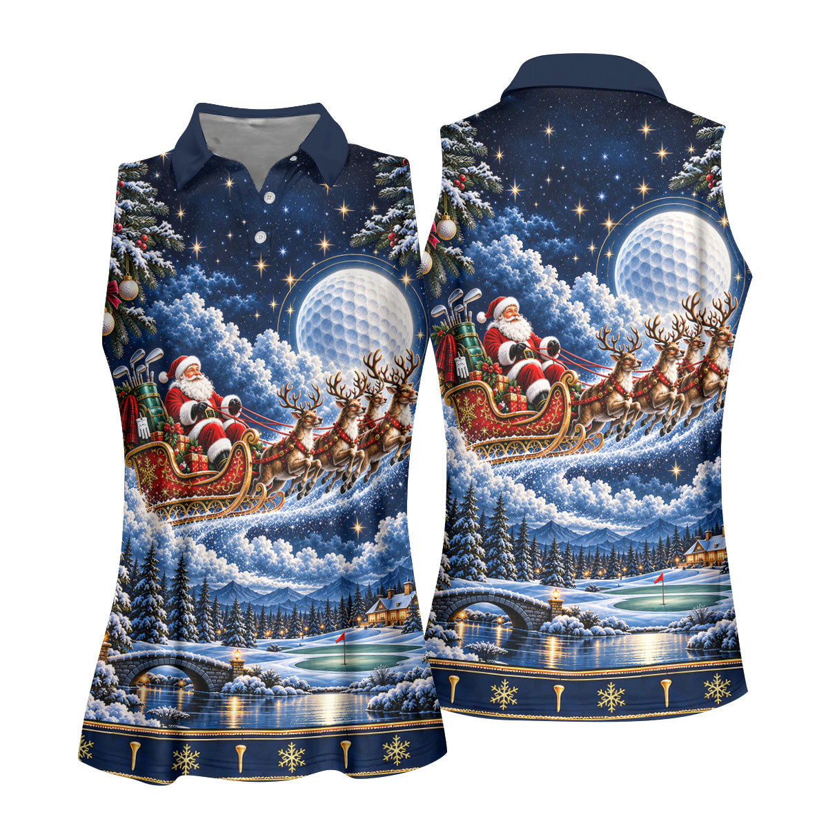 Santa Sleigh Golf Moon Christmas Golf Shirt, Womens Golf Tops, Golf Gifts For Women