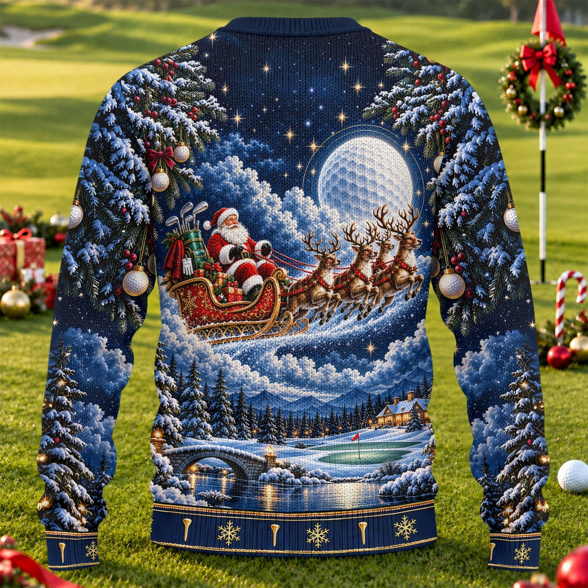 Santa Sleigh Golf Moon Ugly Christmas Sweater, Funny Holiday Sweater, Christmas Gifts