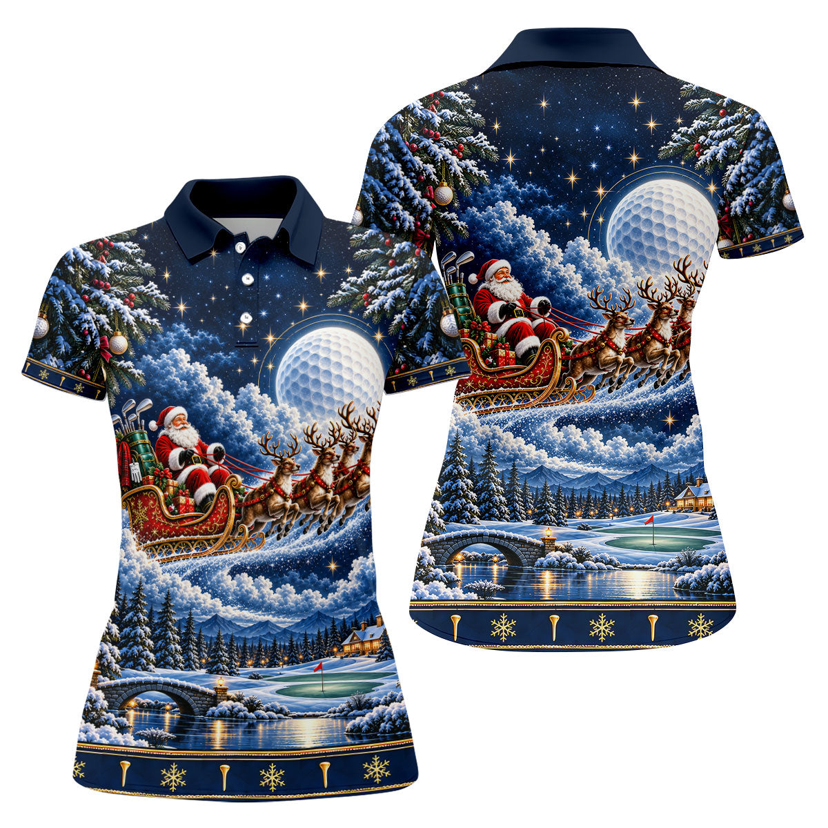 Santa Sleigh Golf Moon Christmas Golf Shirt, Womens Golf Tops, Golf Gifts For Women