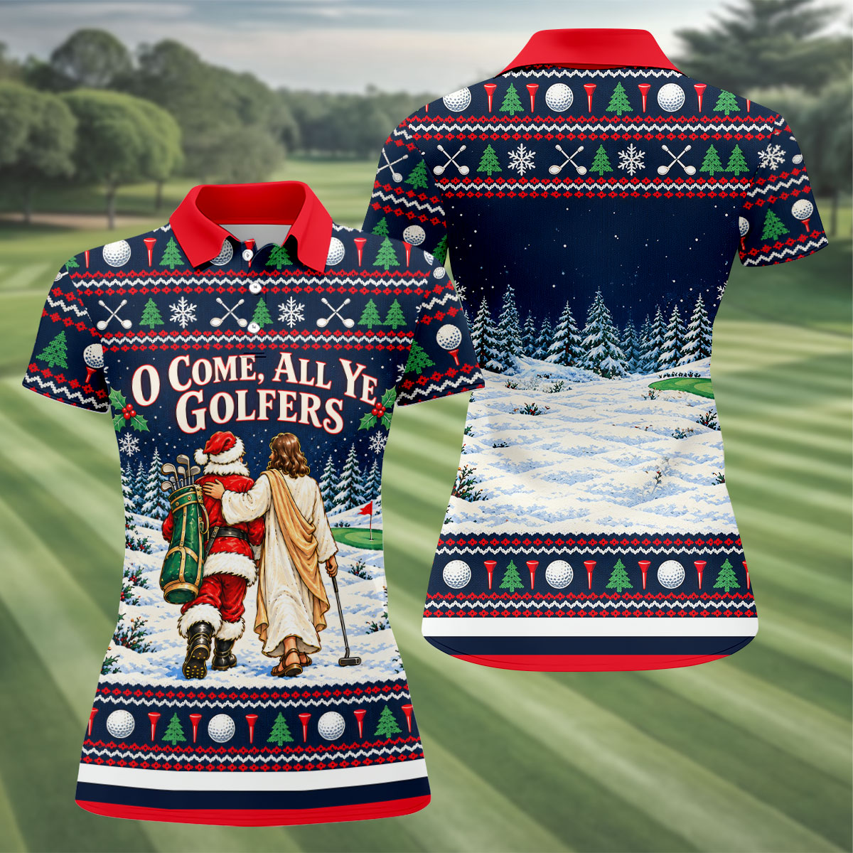 O Come All Ye Golfers Christmas Golf Shirt, Ladies Golf Shirts, Womens Golf Clothing