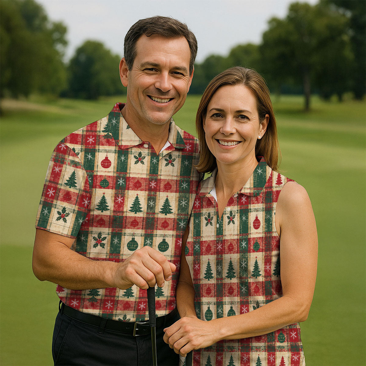 Tree Patchwork Plaid Christmas Golf Shirt, Golf Shirts For Men, Mens Golf Apparel