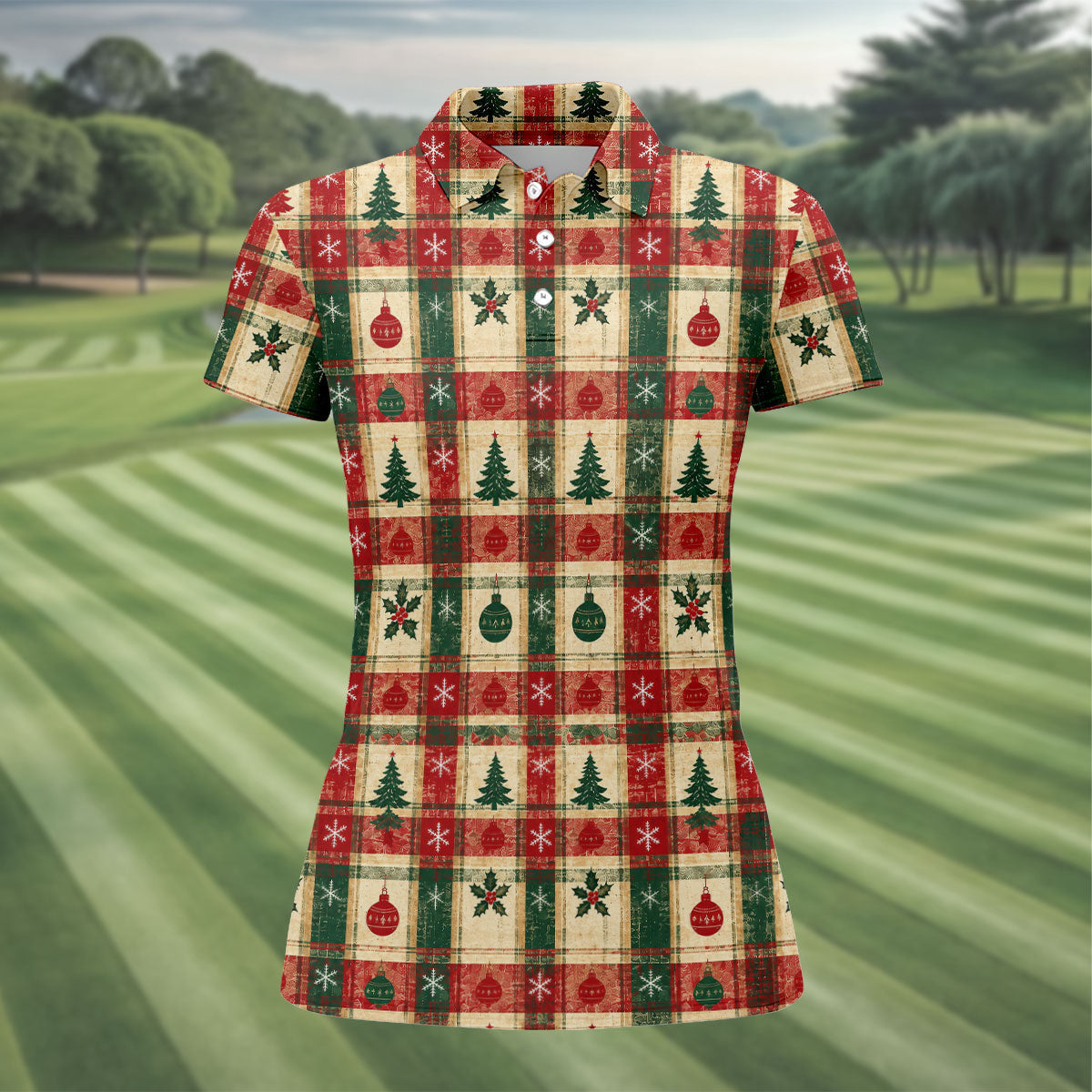 Tree Patchwork Plaid Christmas Golf Shirt, Golf Gifts For Women, Womens Golf Clothing