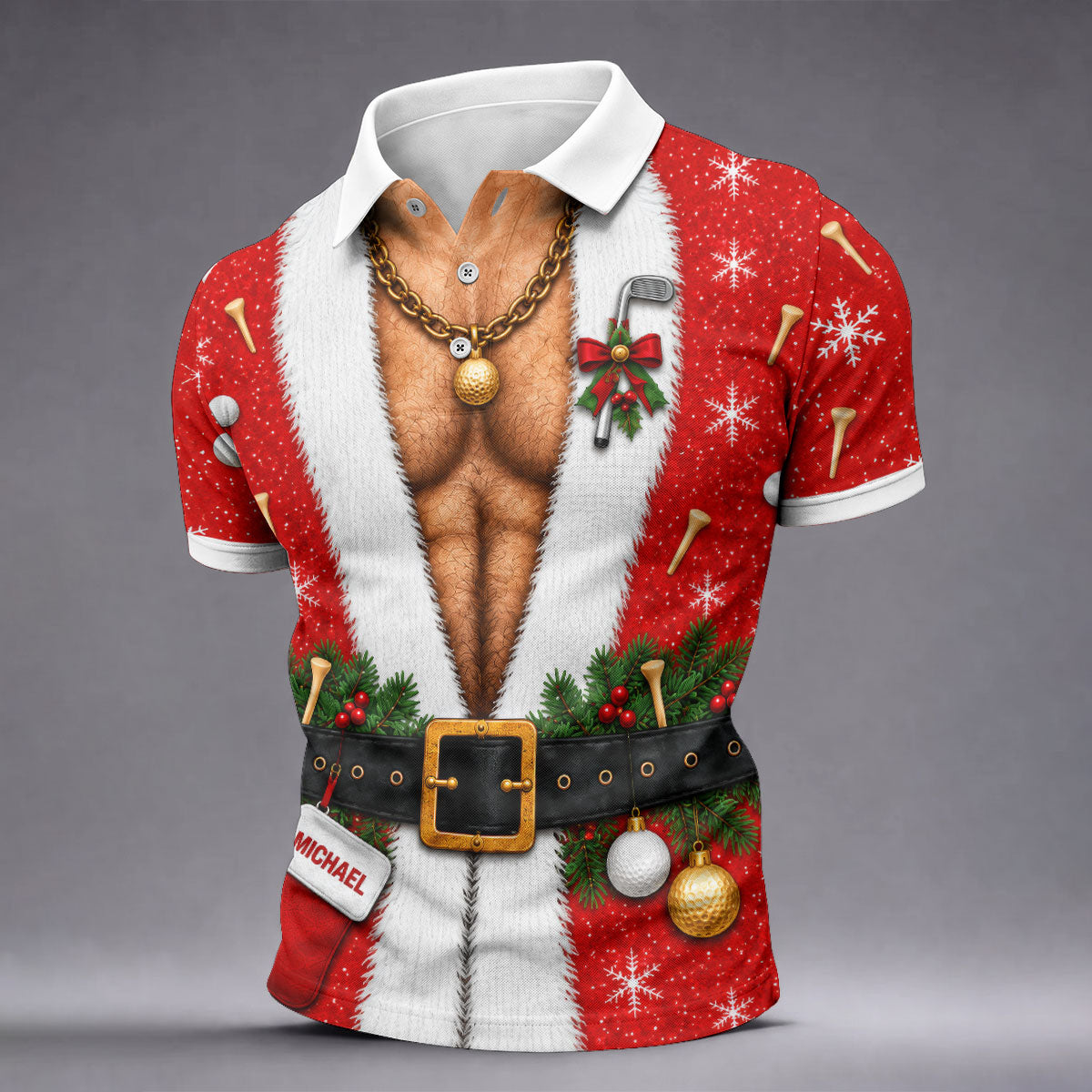Custom Name Hairy Santa Christmas Golf Shirt, Golf Polo For Men, Mens Golf Apparel