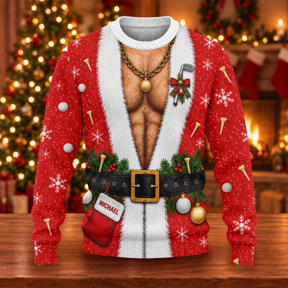 Custom Name Hairy Santa Ugly Christmas Sweater, Christmas Golf Gift, Funny Xmas Gift