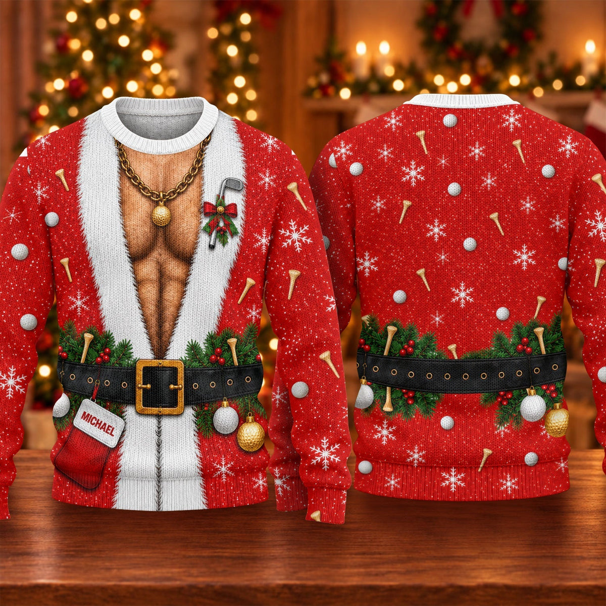 Custom Name Hairy Santa Ugly Christmas Sweater, Christmas Golf Gift, Funny Xmas Gift