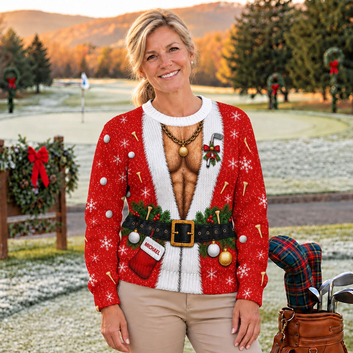 Custom Name Hairy Santa Ugly Christmas Sweater, Christmas Golf Gift, Funny Xmas Gift